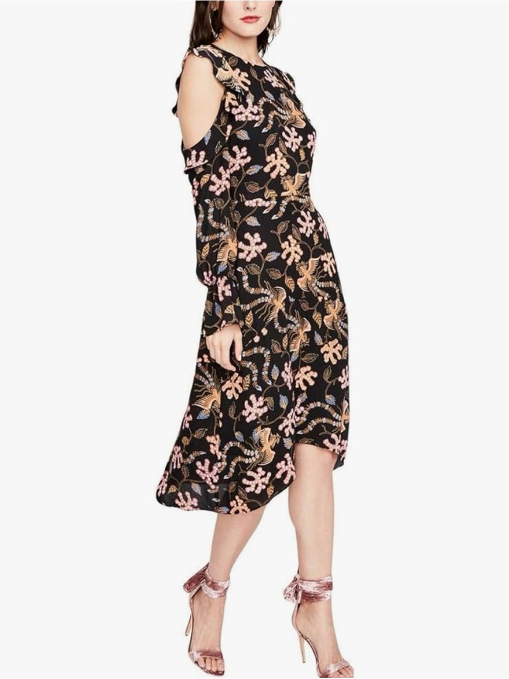 RACHEL Rachel Roy Woman’s Cold Shoulder Printed Ruffle Sleeve Midi Casual Dress